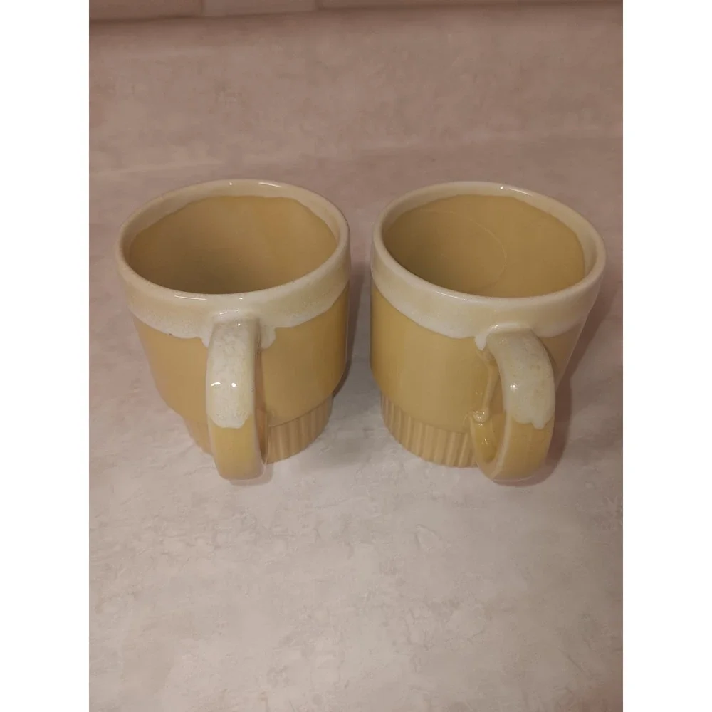 Vtg Tan Drip Glaze Coffee Cups Japan Stackable Ceramic Retro Style Kitchen Decor - Picture 3 of 8